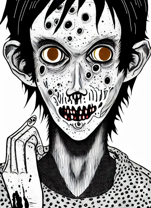 Image similar to junji ito style portrait of zombie teenage jughead jones wearing a light grey crown, zombie, crown, rotting skin, blind eyes, white eyes, crown, black hair, intricate, highly detailed, illustration, art by junji ito