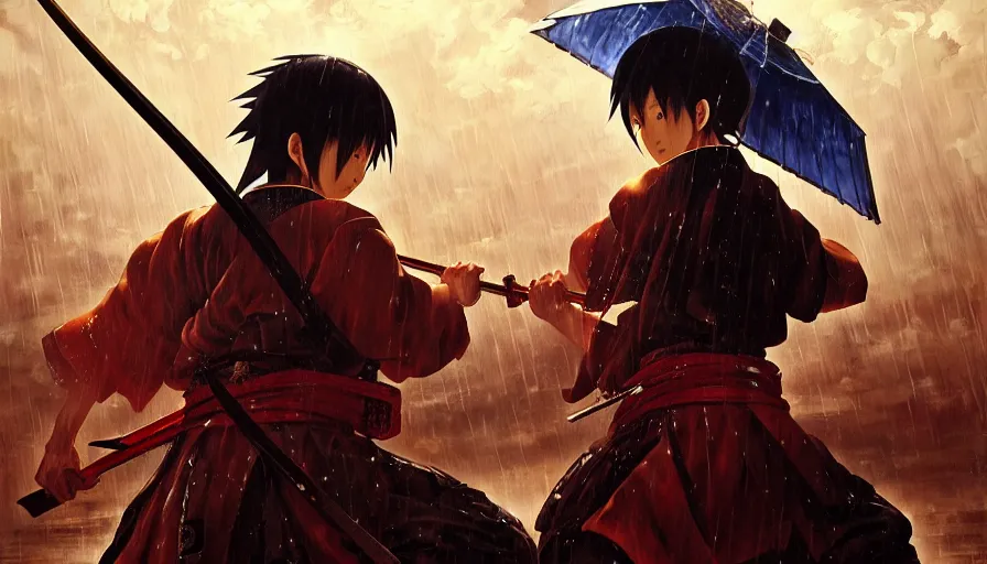 Image similar to baroque oil painting of key visual great samurai war, rain, storm, final fantasy, fake detail, trending pixiv fanbox, acrylic palette knife, style of makoto shinkai takashi takeuchi yoshiyuki sadamoto greg rutkowski chiho aoshima