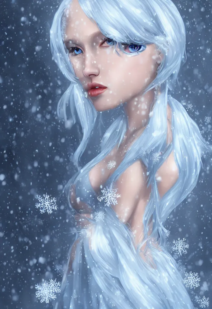 Image similar to full body portrait of a stunningly pretty woman with pale blue hair wearing a dress made out of snowflake in the middle of a snowstorm. award - winning digital art, trending on artstation