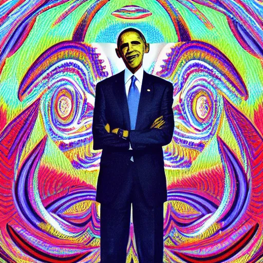 Image similar to obama on dmt, dmt artwork, obama in a sweet suit, presidential art