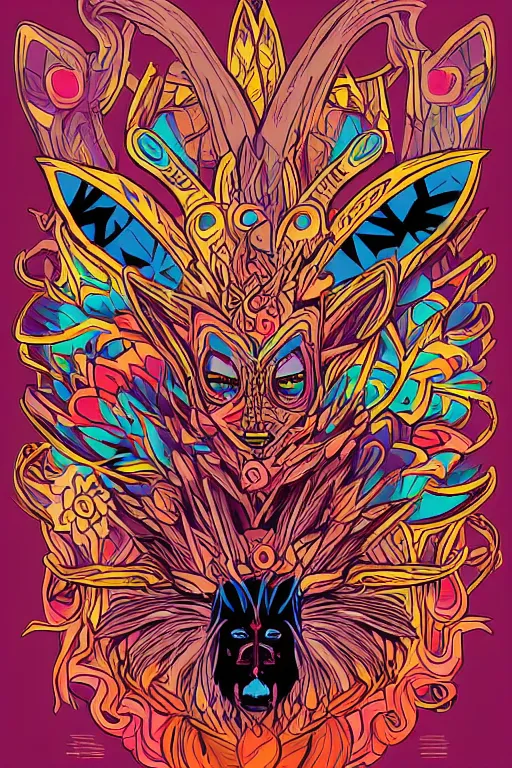 Image similar to animal mask totem roots flower tribal feather gemstone plant wood rock shaman vodoo video game vector cutout illustration vivid multicolor borderlands comics by josan gonzales and dan mumford radiating a glowing aura