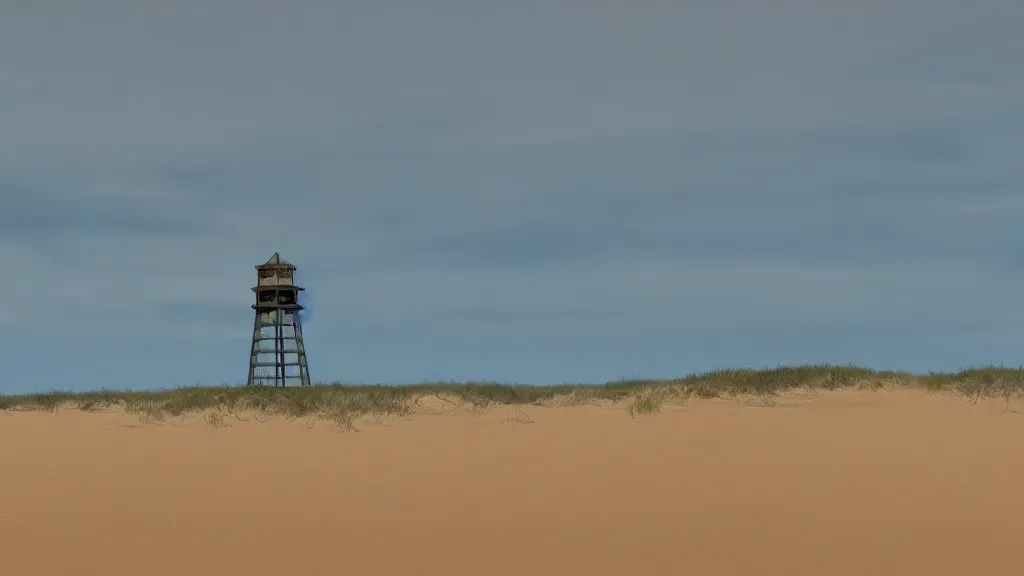 Image similar to patrick j. jones. rutkowski. the last tower looms above the dunes. sand. lonely. isolated. 3 8 4 0 x 2 1 6 0