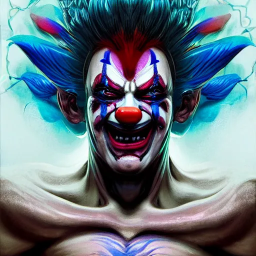 Image similar to 4K headshot of godlike clown with blue skin defined arms and open hands and bloody clothes with giant mandala wings , intricate clown face make-up , flawless anime cel animation by Kentaro Miura, psychedelic , highly detailed upper body , professionally post-processed , beautiful, scary, symmetry accurate features, epic, octane rendered, anime masterpiece, accurate