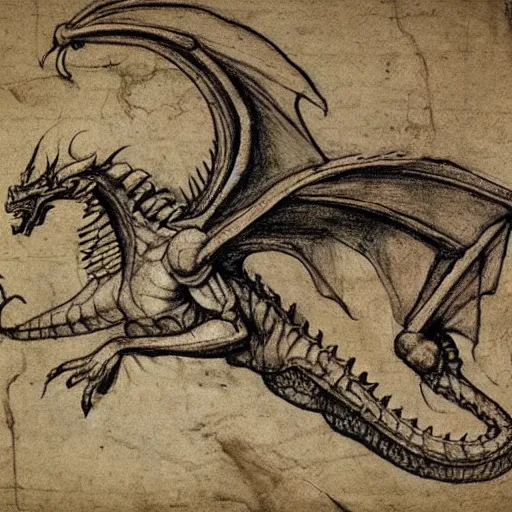 Image similar to extremely detailed anatomy sketch of a dragon by leonardo da vinci, aged parchment