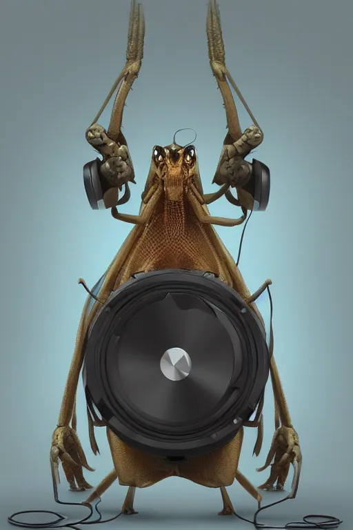 Image similar to a praying mantis kaiju DJ wearing headphones and carrying two big subwoofer speaker boxes, featured on artstation, cgsociety