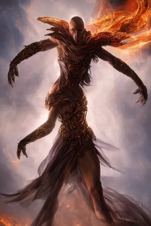 Prompt: fantasy character concept portrait, digital painting, wallpaper of a dancer with skin of obsidian, with veins of magma and gold, renaissance nimbus overhead, by aleksi briclot, by laura zalenga, by alexander holllow fedosav, 8 k dop dof hdr, vibrant