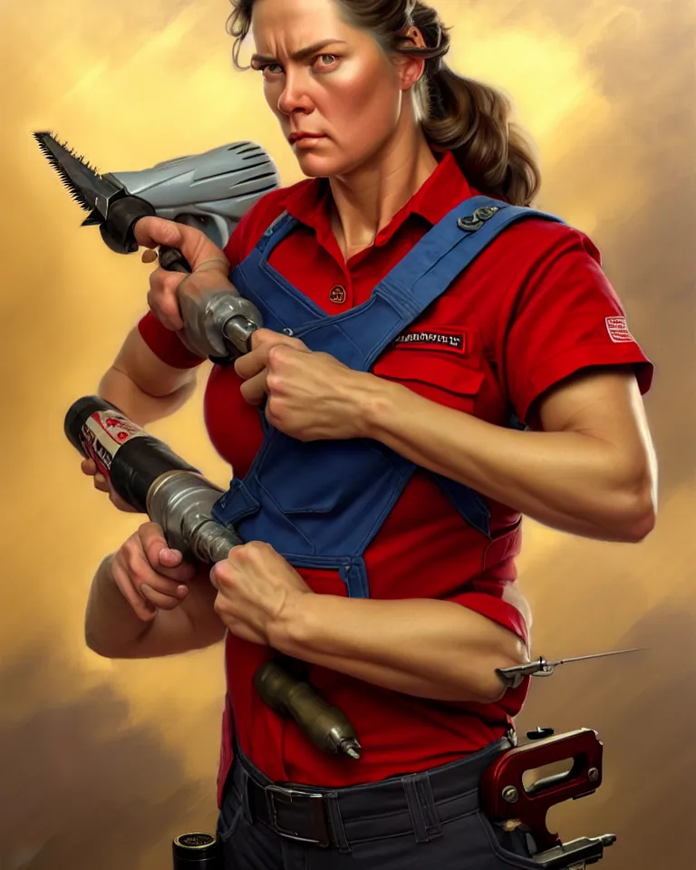 Image similar to epic portrait a slightly muscular woman wearing short sleeved uniform and carrying a red power tool drill, detailed, centered, digital painting, artstation, concept art, donato giancola, Joseph Christian Leyendecker, WLOP, Boris Vallejo, Breathtaking, 8k resolution, extremely detailed, beautiful, establishing shot, artistic, hyperrealistic, beautiful face, octane render