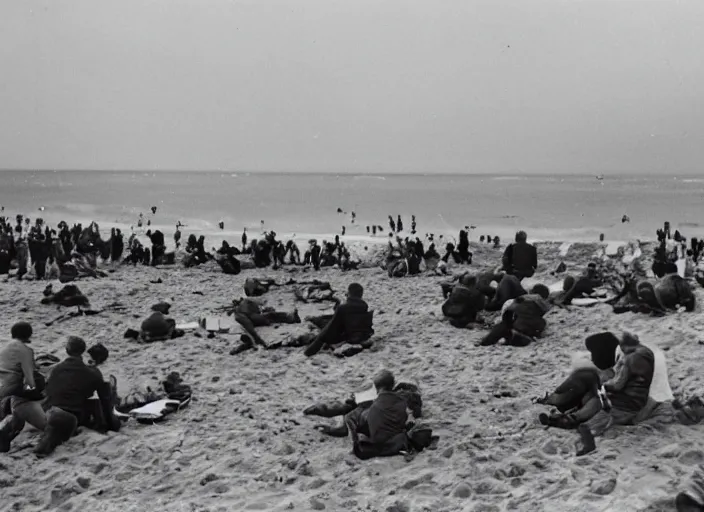 Image similar to vintage photo of a pizza party on omaha beach in normandy with explosions in the background