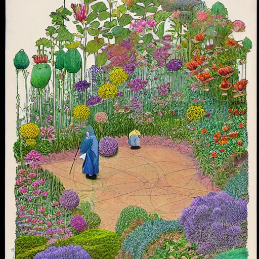 Image similar to an illustration of a beautiful garden, isometric view, painted by moebius and james jean