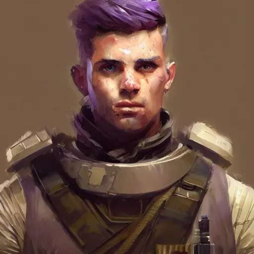 Image similar to concept art of a portrait by greg rutkowski, a soldier of the eternal empire wearing purple and white tactical gear, star wars expanded universe, smooth, sharp focus, artstation hq.