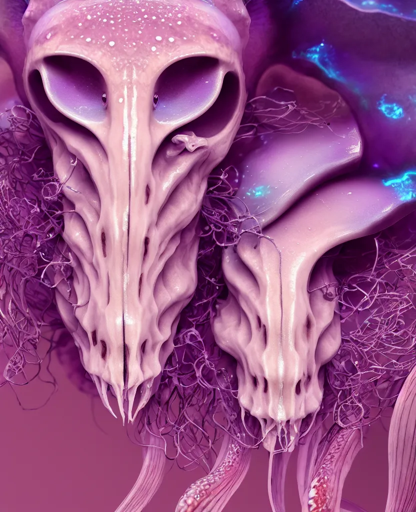 Image similar to goddess princess face close-up portrait ram skull. jellyfish phoenix head, nautilus, orchid, skull, betta fish, bioluminiscent creatures, intricate artwork by Tooth Wu and wlop and beeple. octane render, trending on artstation, greg rutkowski very coherent symmetrical artwork. cinematic, hyper realism, high detail, octane render, 8k