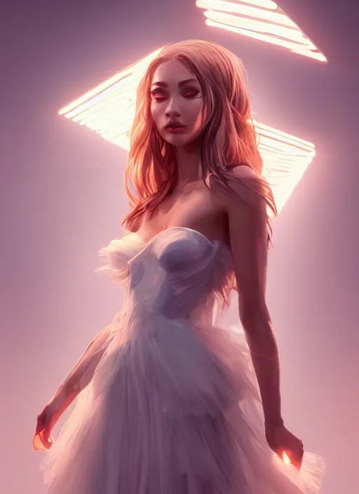 Image similar to beautiful fashion goddness, strapless dress, character portrait in the style of thomas river and artgerm, wlop, cinematic lighting, hyperdetailed, 8 k realistic, symmetrical, global illumination, radiant light, halo, love and mercy, frostbite 3 engine, cryengine, dof, trending on artstation, digital art, chanel