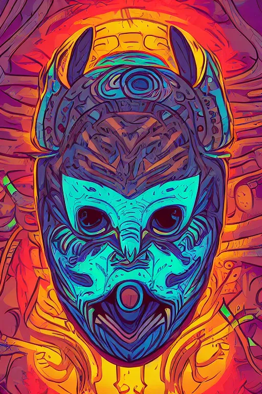 Image similar to totem animal mask tribal feather gemstone plant wood rock shaman vodoo video game vector illustration vivid multicolor borderlands comics by josan gonzales and dan mumford radiating a glowing aura