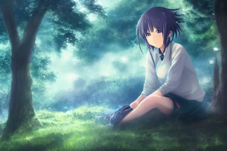 Image similar to a beautiful anime girl sitting in the forest, clouds, green lighting, misty, foggy, early morning, digital art,