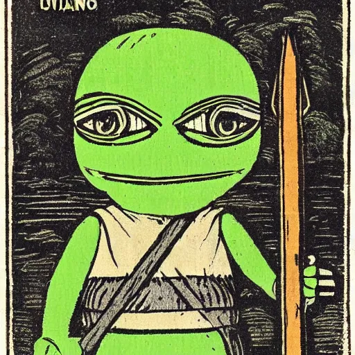 Prompt: pepe the frog, viking warrior, saga, 1 9 2 0 s magazine colors, woodcut by christian krohg