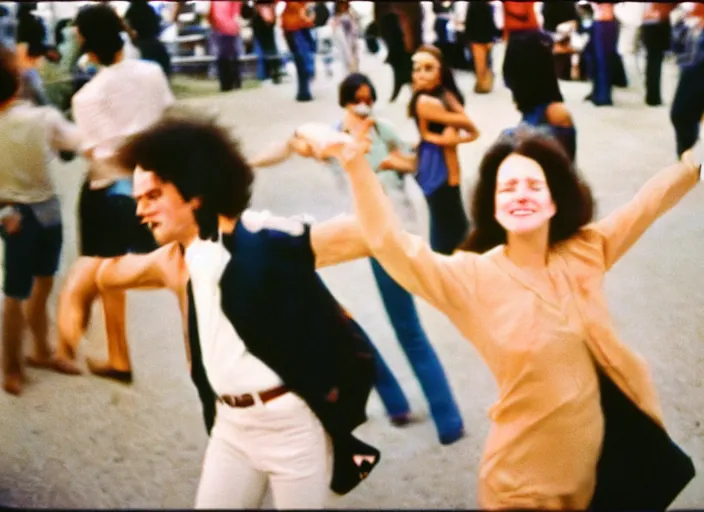 Image similar to close-up color film photography 1970s, people dancing at the festival, soft focus, golden hour, soft light, 35mm, film photo, Joel Meyerowitz