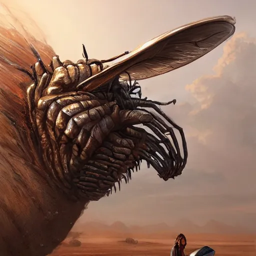 Prompt: giant horsefly monster attacking a silver school bus in the desert, ultra detailed, 8 k, greg rutkowski, artgerm, trending on artstation, award - winning art,