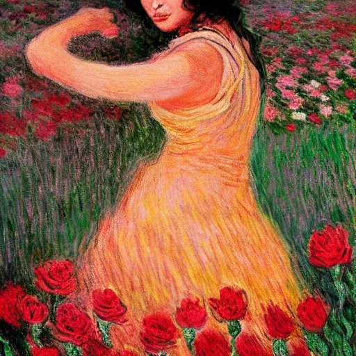 Prompt: beautiful tan mexican woman, dancing in a field of roses, full body, prominent rosy cheek bones, black hair and brown eyes, monet art style,