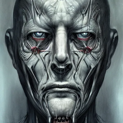 Image similar to surreal portrait of a man by Greg Rutkowski and H.R Giger, symmetrical face, biomechanical transhuman god, disturbing, terrifying but fascinating, with a determined and sinister expression on his face, cosmic void background, frightening, fascinating, highly detailed portrait, digital painting, book cover, artstation, concept art, smooth, sharp foccus ilustration, Artstation HQ