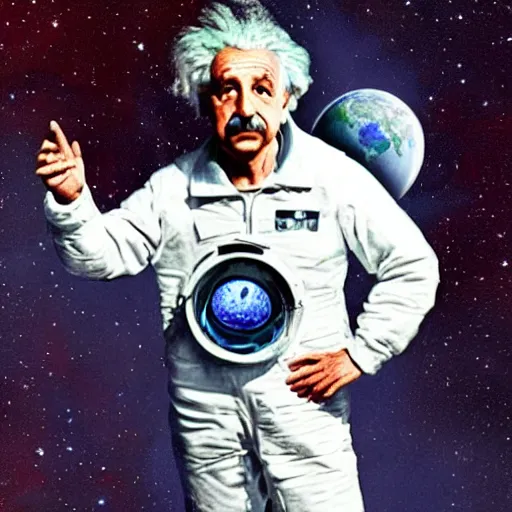 Image similar to albert einstein in space wearing a spacesuit shocked seeing earth is flat