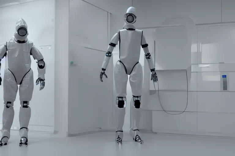 Image similar to man wearing hazmat suit in cleanroom large 3D printing humanoid plastic robot. by Roger Deakins