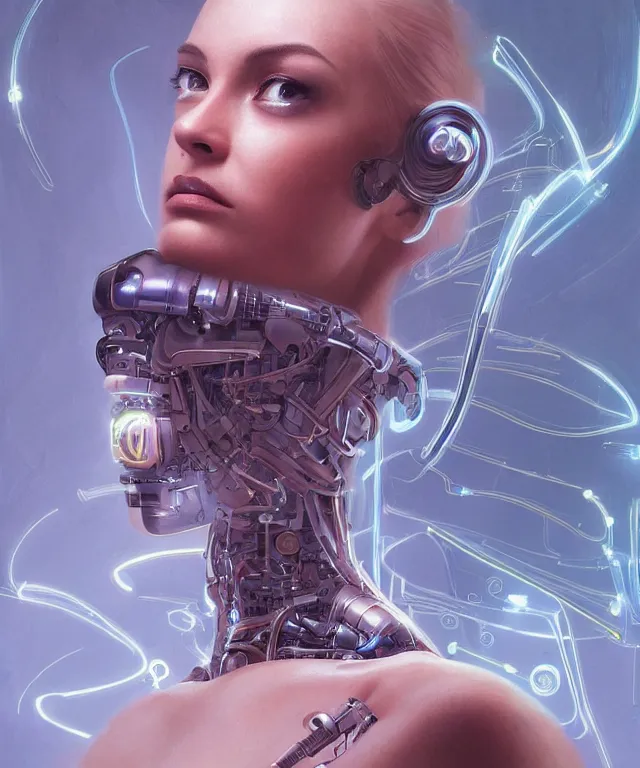 Image similar to a woman turning into an Android portrait wearing a part cybernetic body, surrealism , scifi, intricate, elegant, sharp eyebrows, highly detailed cybernetic body, neon glowing eyes, digital painting, artstation, concept art, smooth, sharp focus, illustration, art by Artgerm and moebius and Peter Mohrbacher