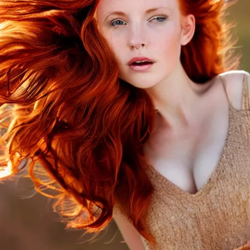 Prompt: beautiful redhead girl in golden glow with hair flowing in the wind