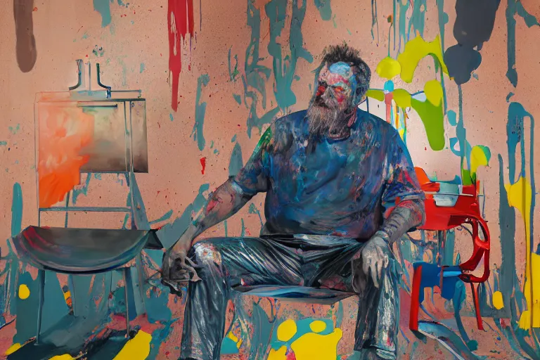 Image similar to portrait of a morphed painter sitting in a chair at a bbq grill tending to meat, art by james jean and luc tuymans and vincent lefevre and hernan bas and pat steir and hilma af klint, psychological, dripping paint, high quality render, cg society contest winner, retrofuturism, masterpiece