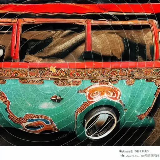 Image similar to A High quality award winning photo of a car with the bodywork painted with a ancient chine art style of the beatles, ancient china art style, car paint, ancient china style of the beatles, car paint the batles