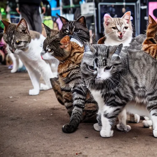 Prompt: a horde of cats on a metal festival