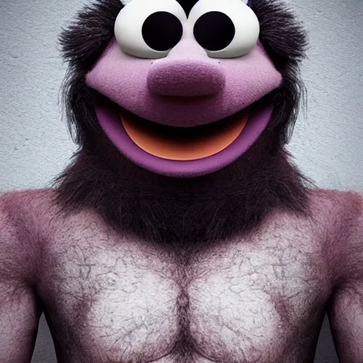 Image similar to a still of a forgotten muppet character looking very manly and modern, hilarious, laughing, hairy chest, huge chin, manly monster tough guy, roughled fur, photo real, photographic, photograph, artstation, trending, featured