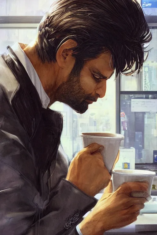 Image similar to a persian man drinking coffee from a paper cup at his work cubicle, by artgerm and yoshitaka amano, trending on artstation