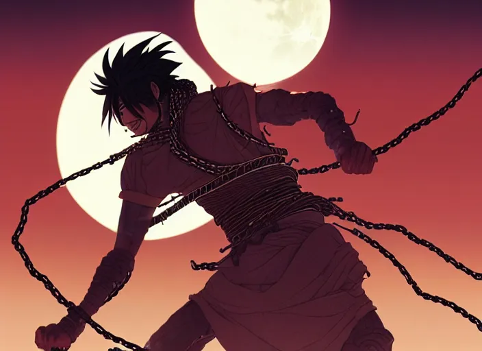 Prompt: samurai vagabond WITH A MOON BEHIND , HAS 4 ARMS AND IS WRAPPED IN CHAINS, manga,detailed, studio lighting, gradation,editorial illustration, matte print, Ilya Kuvshinov, concept art, digital