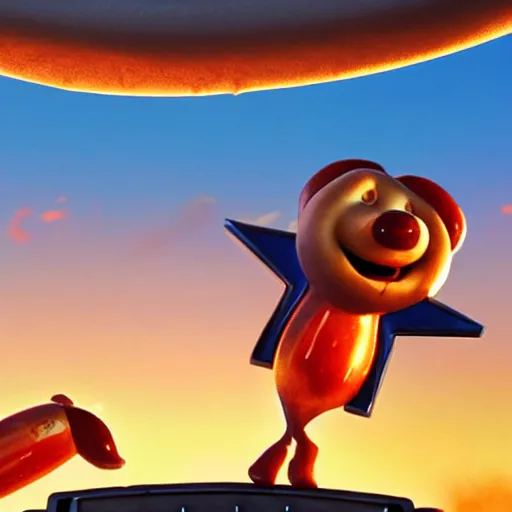 Prompt: pixar still of hotdogs falling from a blue sky at sunset in a steampunk city