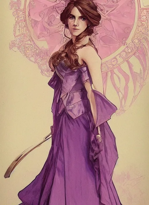 Prompt: emma watson at hogwarts!! at the yule ball wearing elegant pink and purple dress. beautiful detailed face. by artgerm and greg rutkowski and alphonse mucha