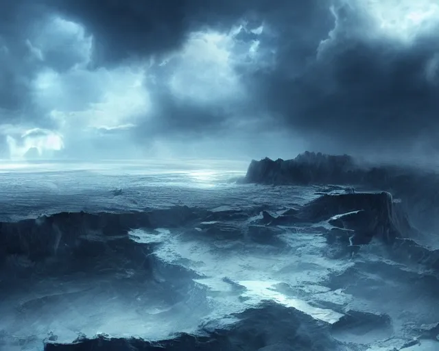 Prompt: sunken continent, supernatural disaster, wind and clouds. movie lens, 4 k concept art, magnificent scene