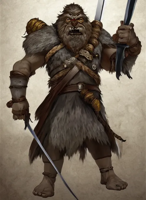 Image similar to strong young man, photorealistic bugbear ranger holding aflaming sword, black beard, dungeons and dragons, pathfinder, roleplaying game art, hunters gear, jeweled ornate leather and steel armour, concept art, character design on white background, by studio ghibli, makoto shinkai, kim jung giu, poster art, game art