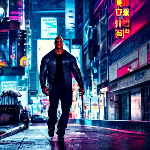 Image similar to Dwayne Johnson on the street in the night of cyberpunk city, bright lighting, high quality, ultra detailed , full body