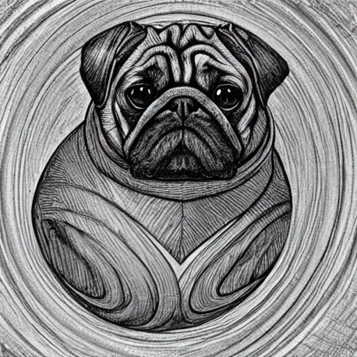 Image similar to pencil art, golden - ratio, spirals, highly detailed, psychedelic shapes, astronaut pug in outer space by davinci.