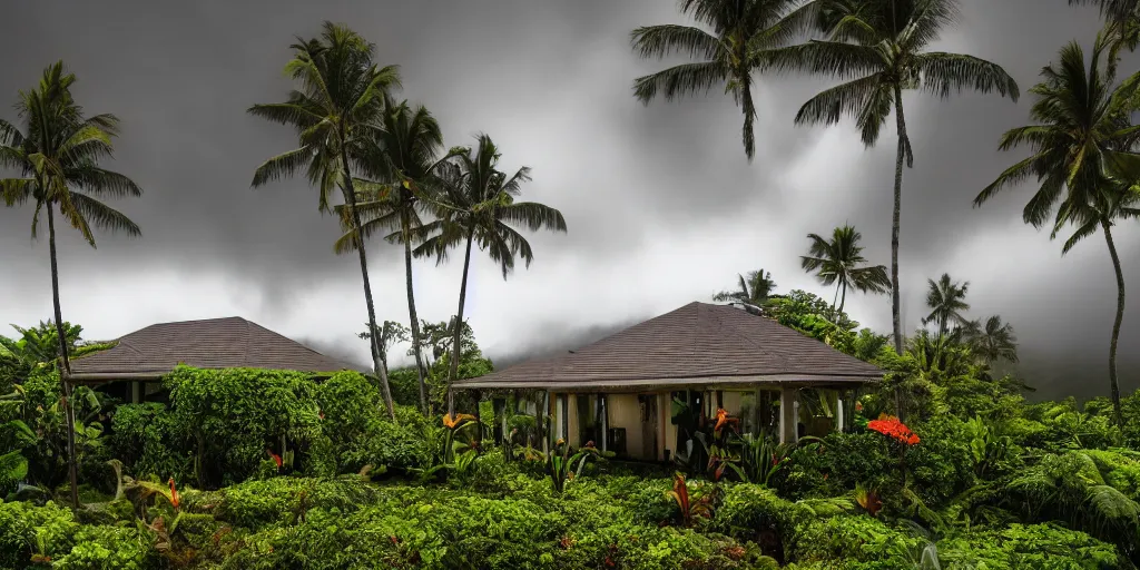 Image similar to a Hawaiian villa in the middle of an tropical forest, ominous Sky, gloomy atmosphere, cinematic, mist, High definition, 8k, ultra detailed