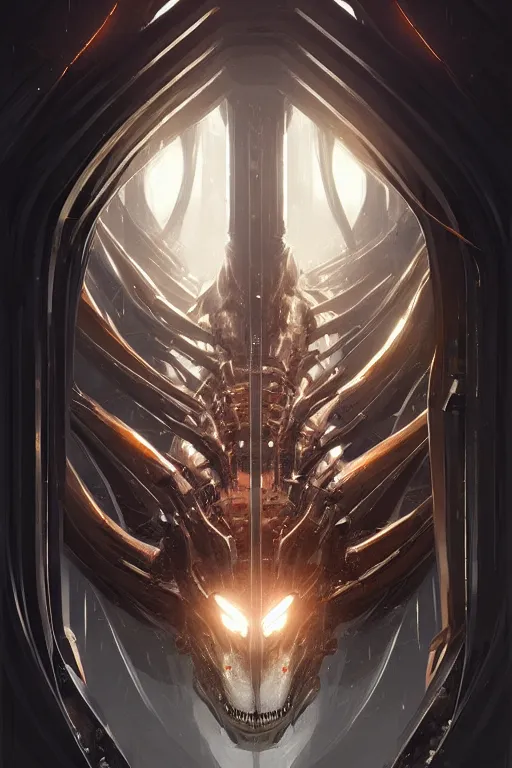 Image similar to professional concept art symmetrical portrait of a horrendous mechanical predatory species in a dark room by artgerm and greg rutkowski. an intricate, elegant, highly detailed digital painting, abstraction, concept art, smooth, sharp focus, illustration, in the style of cam sykes.