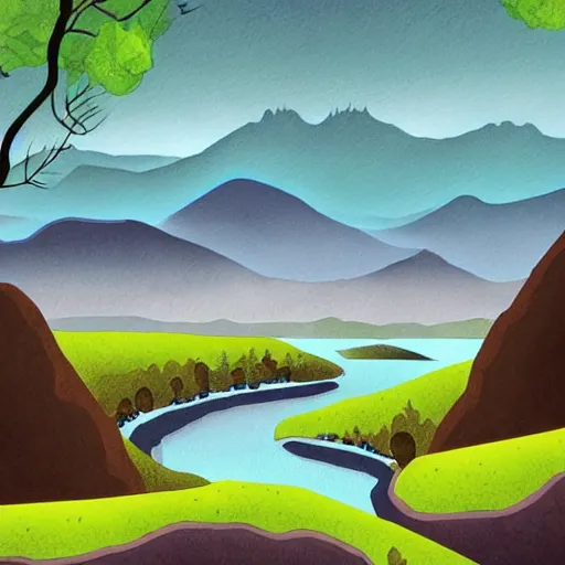 Image similar to a beautiful landscape, rivers and mountains, illustration, digital art by laura price