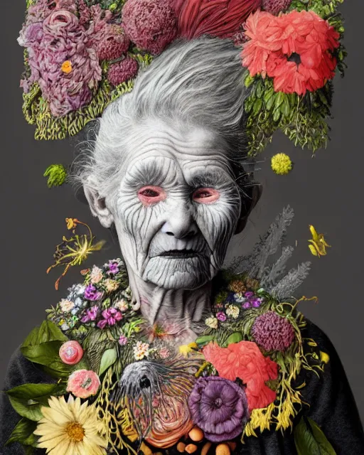 Image similar to a portrait of a fleshy old woman covered in flowers in the style of guiseppe arcimboldo and james jean, covered in wispy gray hair with a hint of neon, hd 3 d, highly detailed and intricate. centred in image.