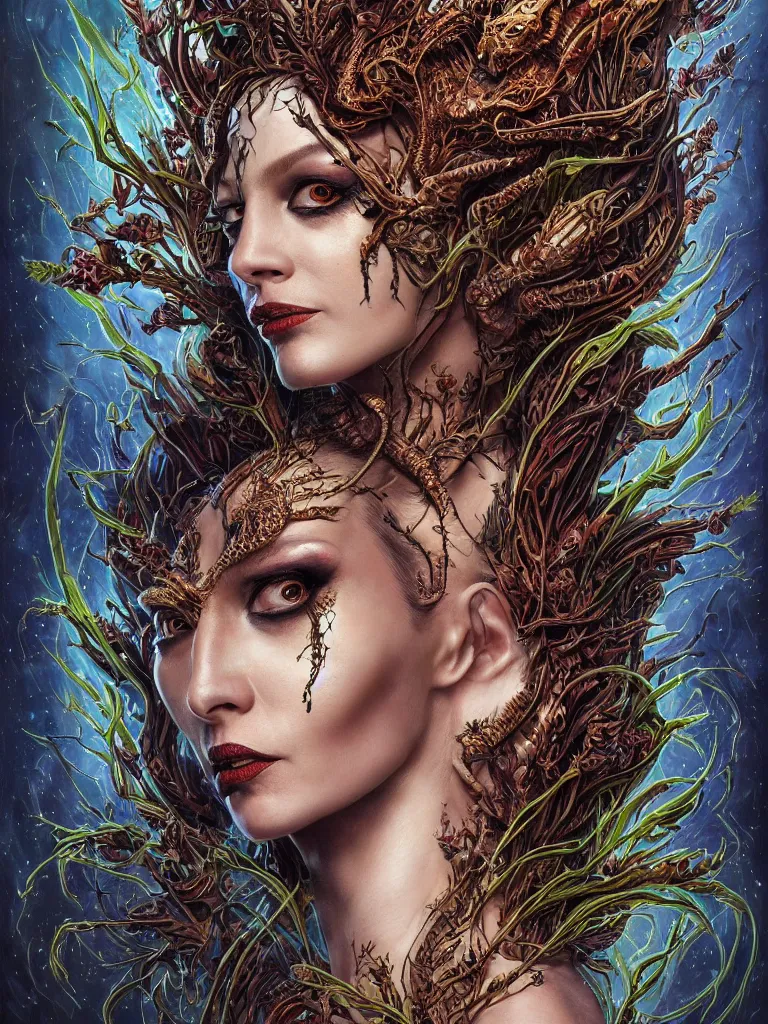 Prompt: single face portrait. complex hyper-maximalist overdetailed cinematic cosmic scifi portrait of an elegant very attractive but wild and dangerous reptilian goddess by andrei riabovitchev, tomasz alen kopera, oleksandra shchaslyva. Omnious intricate. Secessionist portrait illustration. Poison goddes. Slightly Reminds to poison ivy. Focus on face. Artstation. Deviantart. 8k 4k 64megapixel. Rendered by binx.ly.