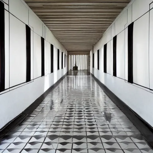 Image similar to photo of a vast interior space of irregular rooms and corridors, bizarre architecture. ceramic white tiles on all the walls.