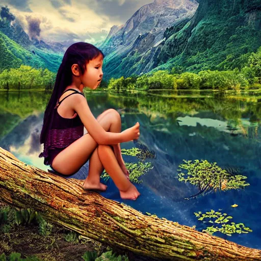 Image similar to Young girl, wearing Inka clothes, wings for arms, bird legs, sad expression, sitting at a pond, mountainous area, trees in the background, digital art