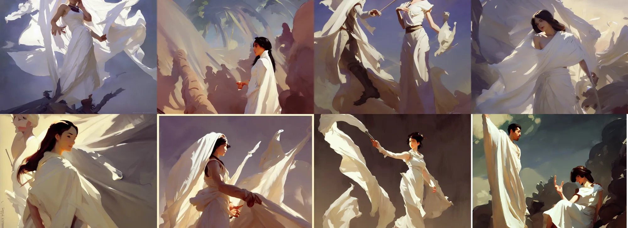 Prompt: white cloth fabric greg manchess painting by sargent and leyendecker, studio ghibli, fantasy, medium shot, asymmetrical, intricate, elegant, matte painting, illustration, hearthstone, by greg rutkowski, by greg tocchini, by james gilleard, by joe fenton