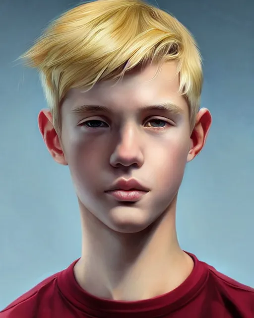 Image similar to portrait of 1 5 - year - old boy with blonde hair, round - face, and slightly buck - toothed, hyper realistic face, beautiful eyes, character art, art by artgerm lau and wlop and and ilya kuvshinov and john singer sargent, hyperdetailed, symmetrical, cryengine, trending on artstation, digital art