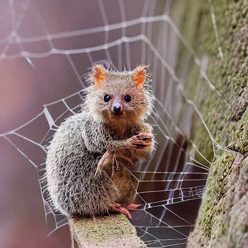 Image similar to spider quokka hybrid, weaving an intricate web, 🕷, happy, bold natural colors, national geographic photography, masterpiece, in - frame, canon eos r 3, f / 8. 0, iso 2 0 0, 1 / 1 6 0 s, 8 k, raw, unedited, symmetrical balance, wide angle