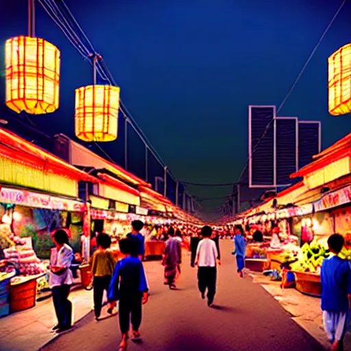 Prompt: an immaculate digital matte painting placid asian street market scene at dusk.